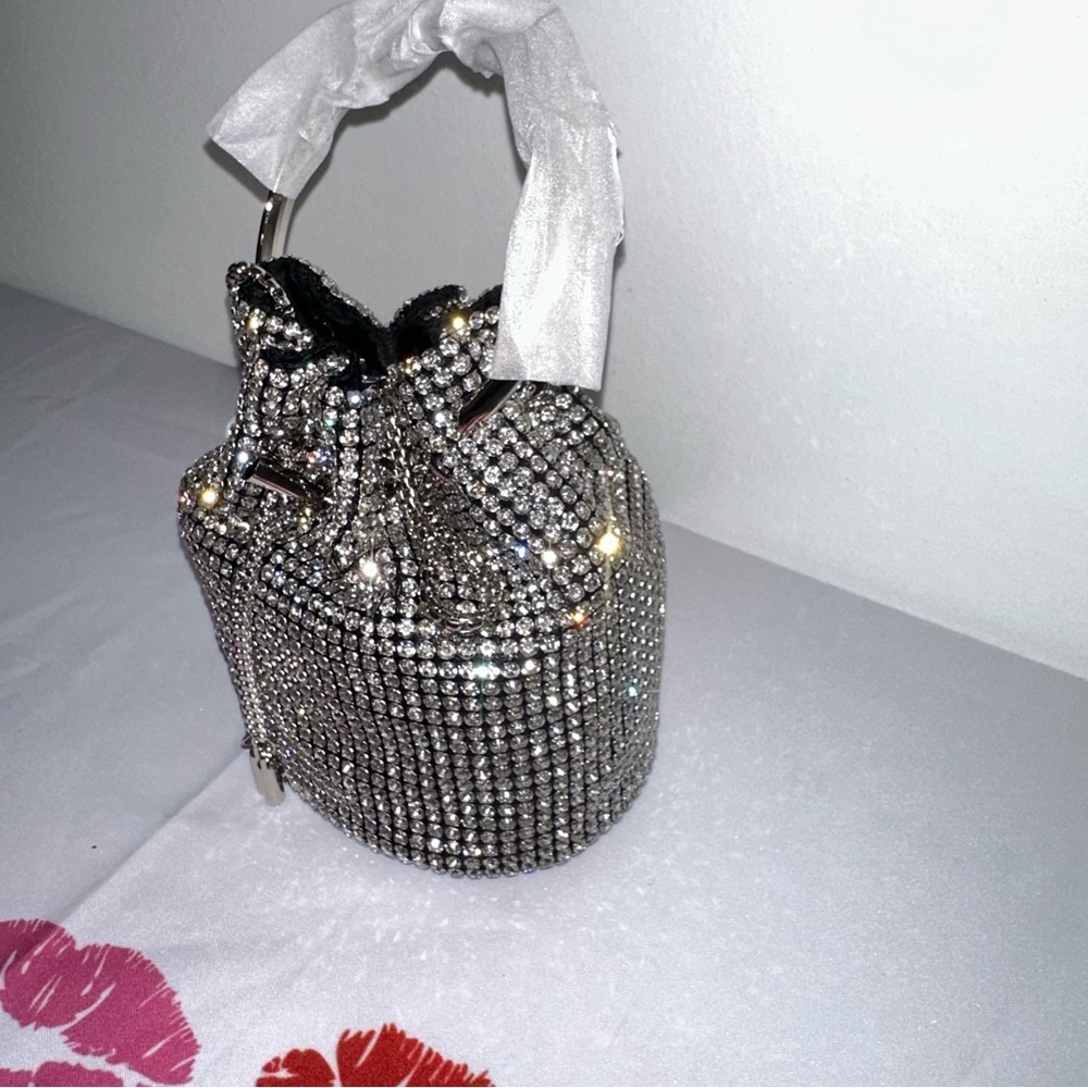 Clear Rhinestone Swing Handle Drawstring Tassel Closure Bucket Bag - Picture 6 of 11
